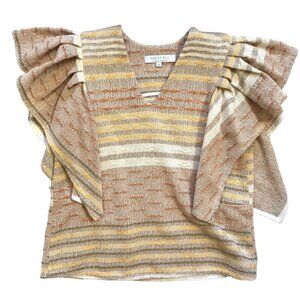 Hunter Bell Top Shirt Womens XS Orange Tan V-Neck Ruffle Sleeve Stripe Cotton